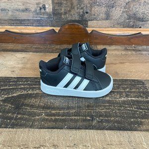 Adidas Baby Grand Court Tennis Shoe Black 3 Stripe Unisex Size 5K NEW